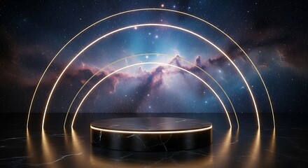 Obraz premium Elegant Black Marble Product Display Podium with Glowing Neon Arches Against a Starry Nebula Background