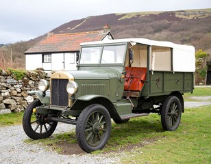 Obraz premium Vintage military truck parked in front of a quaint cottage