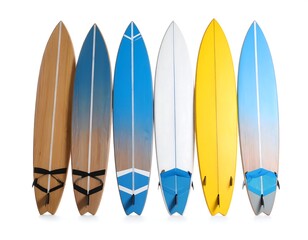 Six surfboards in various colors stand in a row against a white background