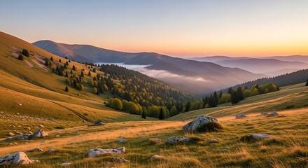 Majestic Mountain Range Landscape with Golden Sunrise and Misty Valley