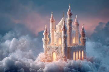 Enchanting pastel castle emerges from dreamy clouds at twilight, a fantasy architectural masterpiece glowing warmly