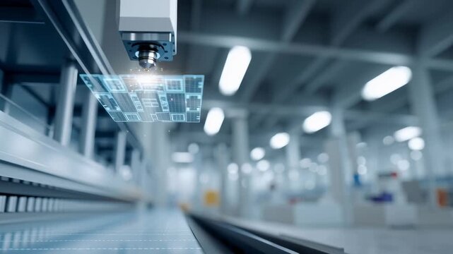 Digital twin technology featuring holographic interface and laser cutting machine producing sparks metal sheet modern industrial factory environment