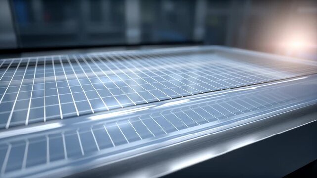 Solar panel close up sunlight reflecting clean energy technology modern design transparent glass panel metal frame renewable energy bright environment