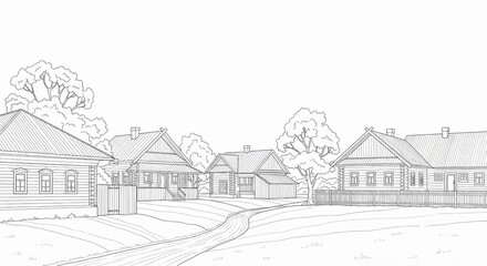 Charming village scene with traditional wooden houses and a winding path under a clear sky.