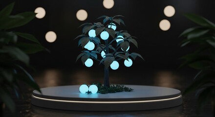 Luminous tree with glowing orbs on display stage, futuristic ambiance