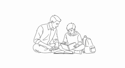 Man and boy reading books together, symbolizing education, learning, and shared knowledge, against a white background.