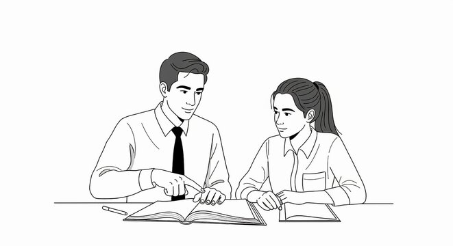 Teacher points at book while mentoring a student at a desk, illustrating learning and education.