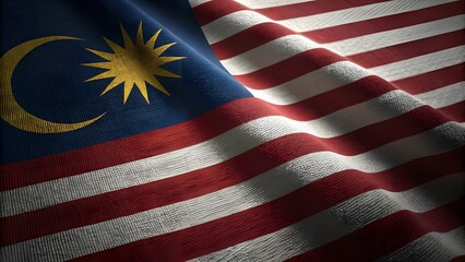 Close up of the malaysian flag with its distinctive crescent moon and star emblem and red and white stripes