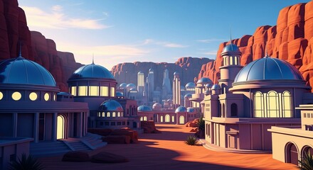 Futuristic desert city with domed architecture and towering skyscrapers bathed in warm sunlight.
