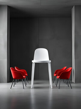 one white chair stand out of otherred chairs  in the dark room concrete space , 3d rendering