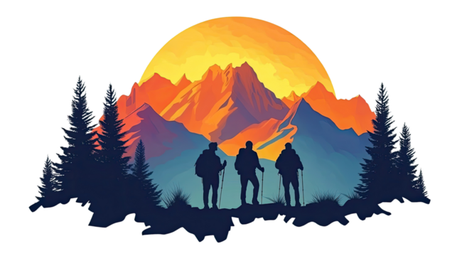 vector sunset mountains silhouette illustration with hiking man on white background