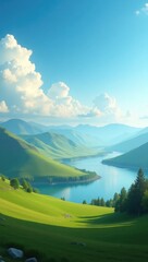Fototapeta premium Serene mountain lake scenery with rolling hills.