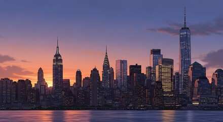Fototapeta premium Stunning illustration of the New York City skyline at sunset, showcasing iconic skyscrapers and the vibrant city lights reflecting on the calm water.