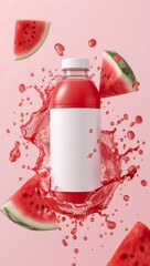 Refreshing watermelon juice bottle with splash and fruit slices