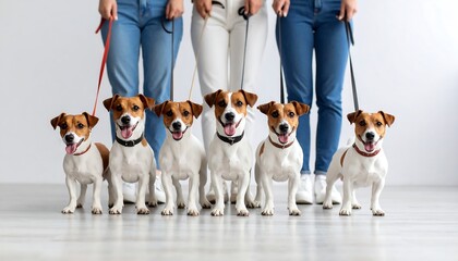 Group of six Jack Russell Terriers posing with their owners on a white backdrop
