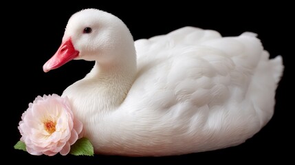 Elegant white duck adorned with a delicate pink rose on a dark background