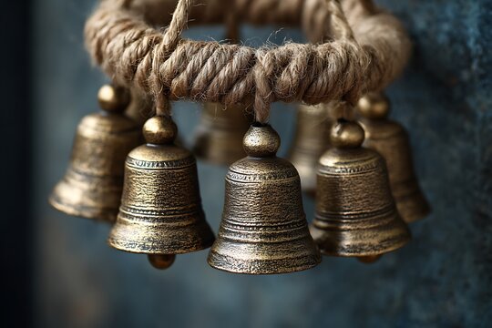 Rustic jute rope adornment featuring antique gold bells creating a warm, inviting, and festive atmosphere for any space or holiday celebration