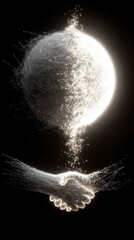 Fototapeta premium Two hands in handshake, a glowing sphere above, dissolving into particles