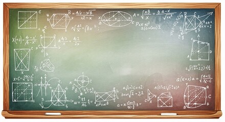 Detailed mathematical formulas and geometric diagrams drawn on a green chalkboard, representing education and science.