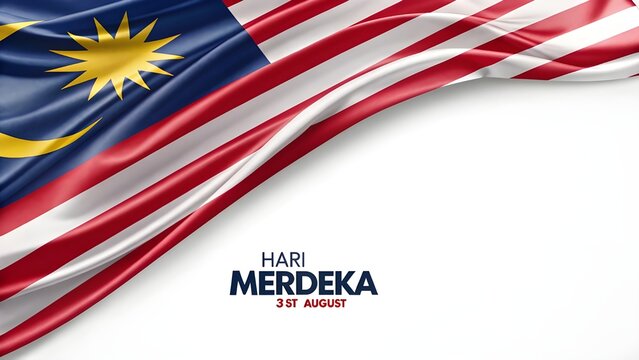 Waving malaysian flag with hari merdeka text on white background
