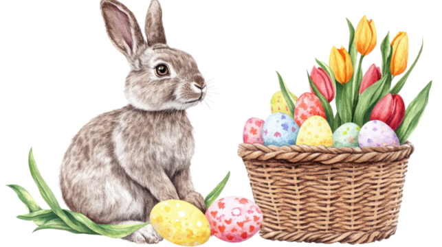 watercolor drawing of Easter rabbit bunny with basket of Easter eggs with flowers on white background - Powered by Adobe