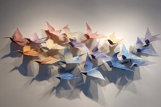 Vibrant flock of origami paper cranes in flight, a stunning display of delicate artistry and soaring freedom, perfect for aspirational themes