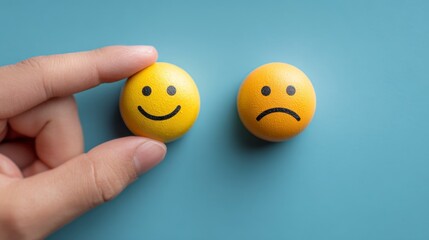 Two round faces one with a smile and one with a frown lay on a blue surface with a hand holding the smiley face