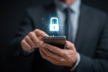 Businessperson in formal suit holding a smartphone with a digital padlock icon representing cybersecurity and data protection