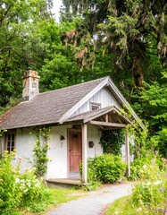 Quaint cabin nestled in lush forest