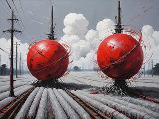 Conceptual abstract painting of Indochina war, swirling vortex of gray and red, two power poles represented as massive distorted spheres colliding, broken rice stalks and distorted temples hidden 