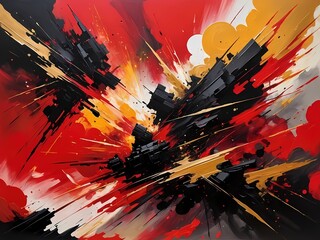 Abstract expression of Indochina conflict, two colossal forces colliding in fragmented red and black shapes, chaotic brush strokes symbolizing destruction, golden streaks of resilience rising through 