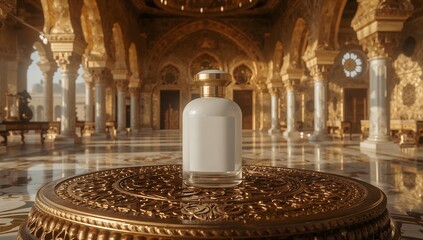 Luxury perfume bottle on ornate golden pedestal in opulent palace interior