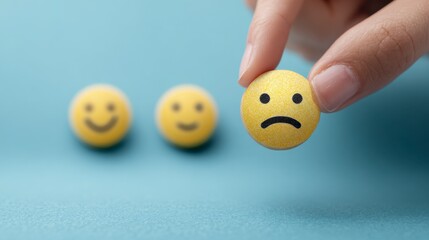 A hand holds a sadfaced yellow circle above two smiling yellow circles on a blue surface