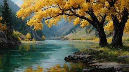 Obraz premium Season of Change: Yellow Leaves Painting the Autumn Landscape
