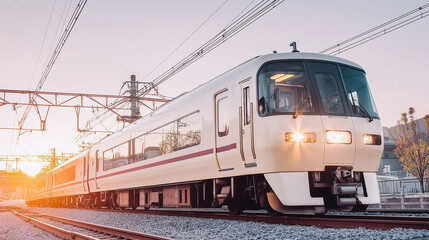 Fototapeta premium Modern white passenger train traveling on railway tracks at sunset