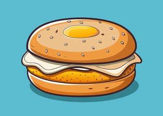 Cartoon Bagel Sandwich with Egg Cheese and Hash Brown on Blue Background