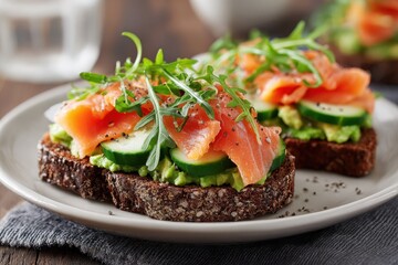 Smoked Salmon Avocado Toast. Delicious Breakfast Sandwich with Dark Rye Bread and Fresh Cucumber