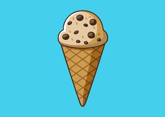 Cartoon Chocolate Chip Ice Cream Cone on a Blue Background Illustration