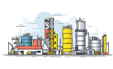 Industrial landscape factory, tanks, chimneys, lines