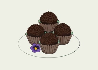 Brigadeiro Illustration Four Chocolate Truffles on Plate with Purple Flower Decoration