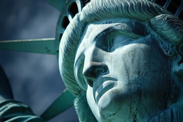 Statue of Liberty Face. Up Close Detail of Crown and Face of Iconic US Symbol