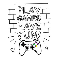 Play Games have fun neon sign with game pad, bright signboard, light banner. Game logo neon, emblem playing computer game on laptop at night Game controller in neon Playing Multiplayer Games.