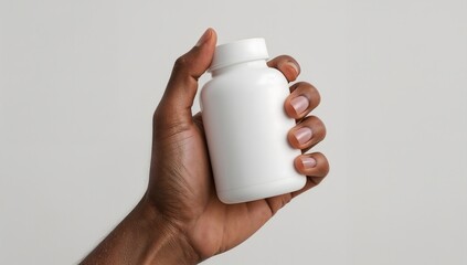 Hand holding small white plastic bottle against light background