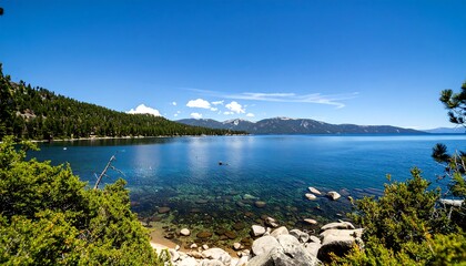 Obraz premium Scenic lake vista with clear water and mountains