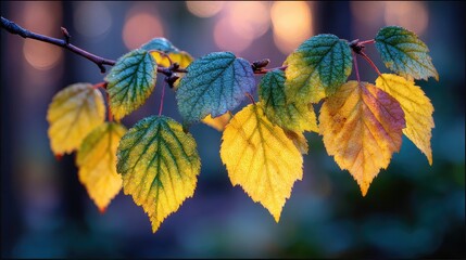Obraz premium Autumn leaves on branch, soft light