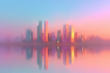 Obraz premium Ethereal Cityscape at Dusk with Colorful Reflections in Water