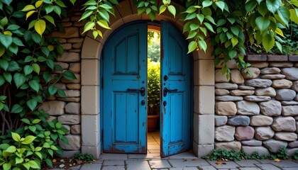 Fototapeta premium Peeling Blue Wooden Door with Stone Archway and Green Canopy