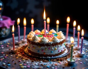 Festive Birthday Cake with Candles Warm Lighting