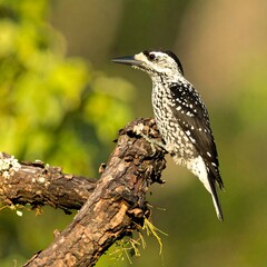 A black and white woodpecker perches on a weathered branch against a blurred green background