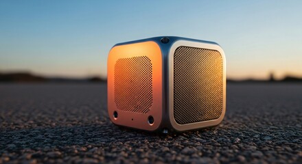 Portable audio device glows at sunset, offering modern sound experience